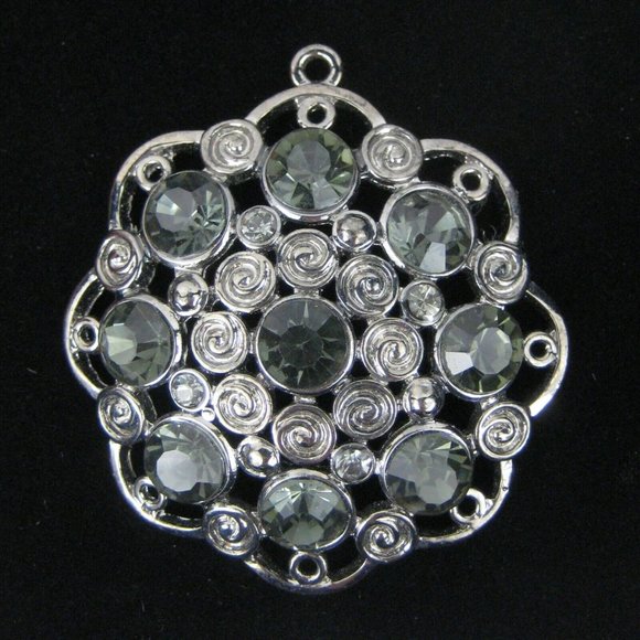Swirl Pendant ONLY 1.9 Inch Gunmetal Gray Green Rhinestones Floral Jewelry - Picture 3 of 7